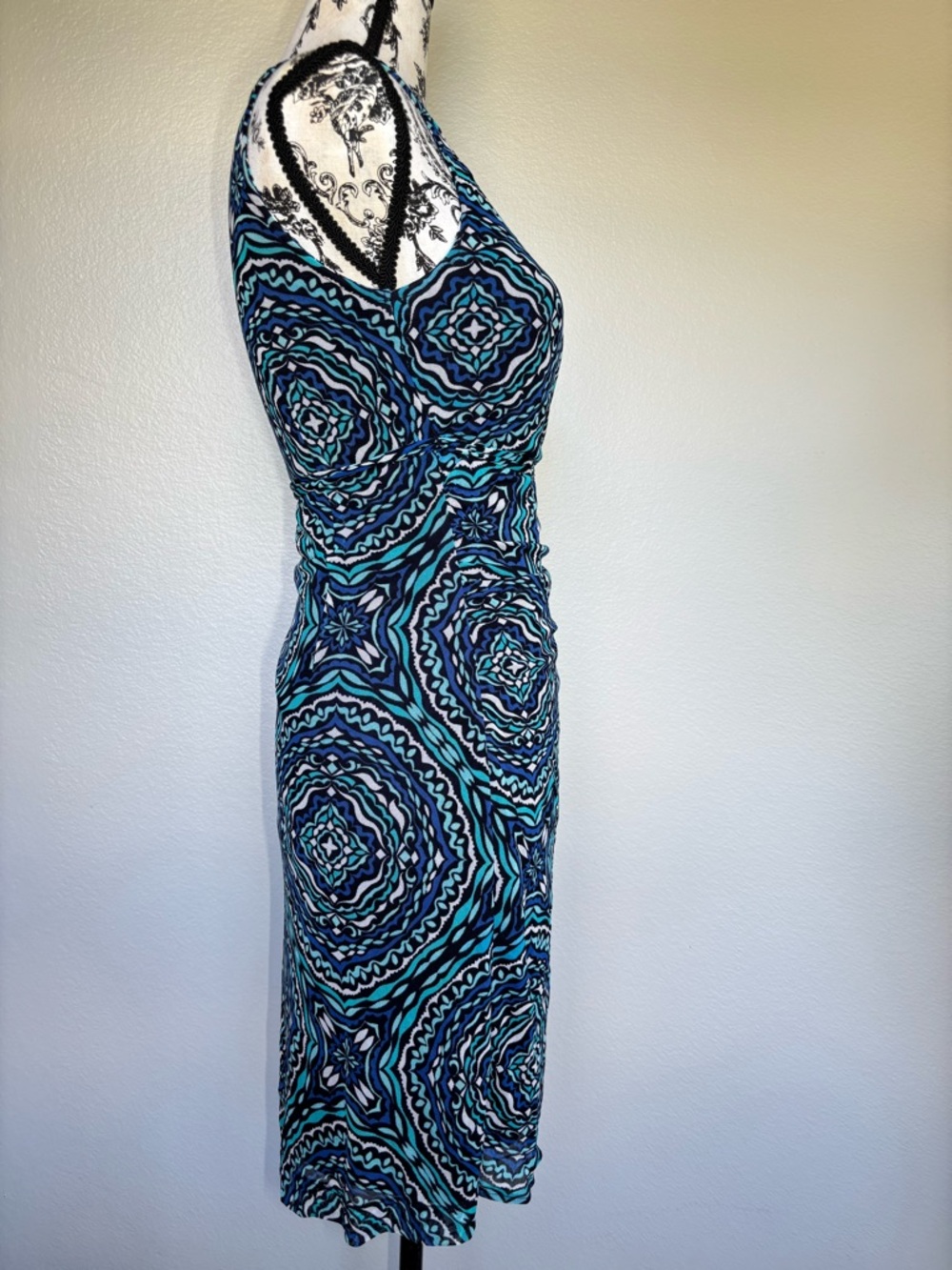 New York & Company Navy Blue and Teal Patterned Wrap Dress like New - Picture 4 of 16